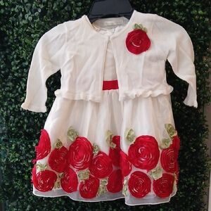 White Dress with Red Floral Accents